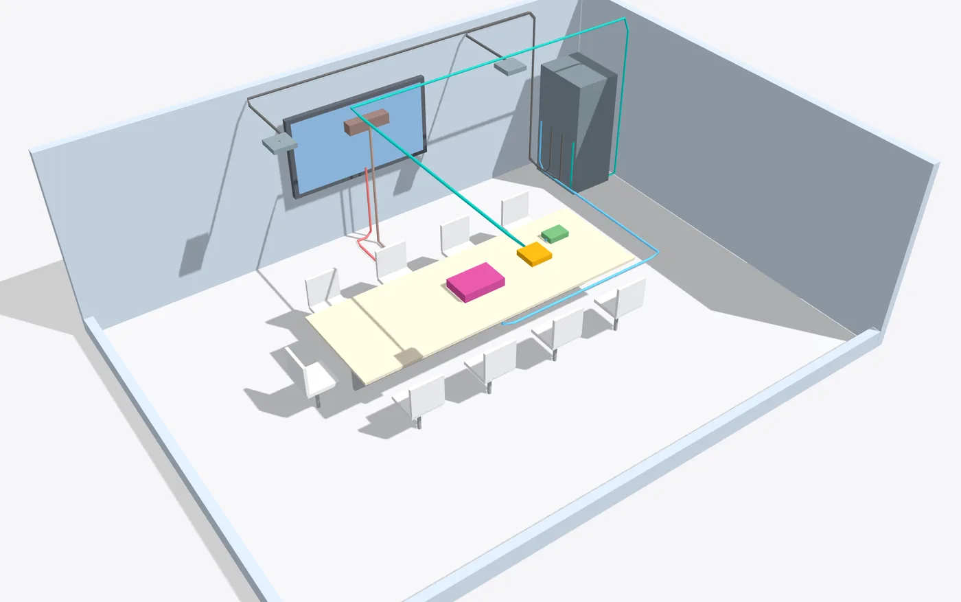Vista 3D de una sala de reuniones hecha con AV Layout